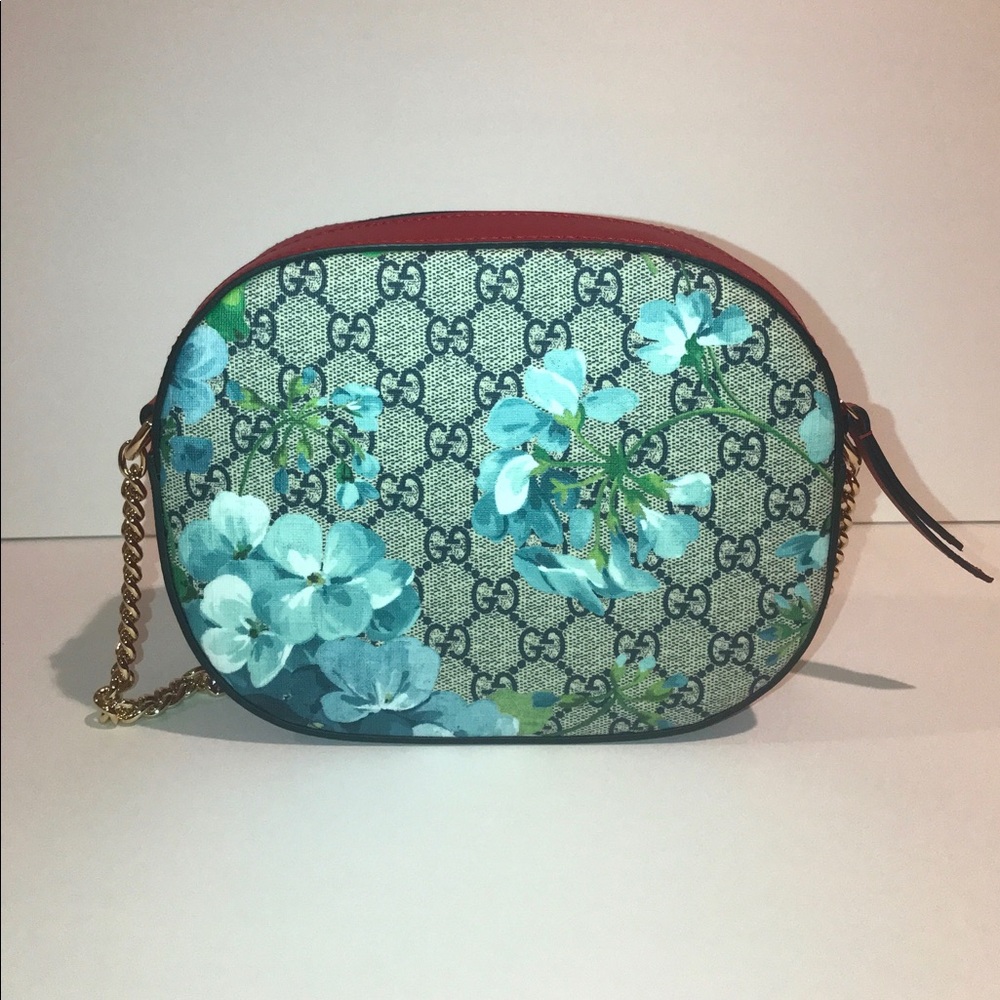 GUCCI blue bloom chain shoulder bag w/ red trim